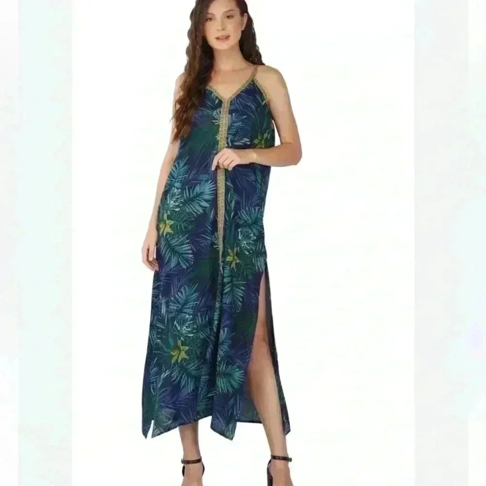 America & Beyond Green Tropical Palm Print Maxi Dress Large